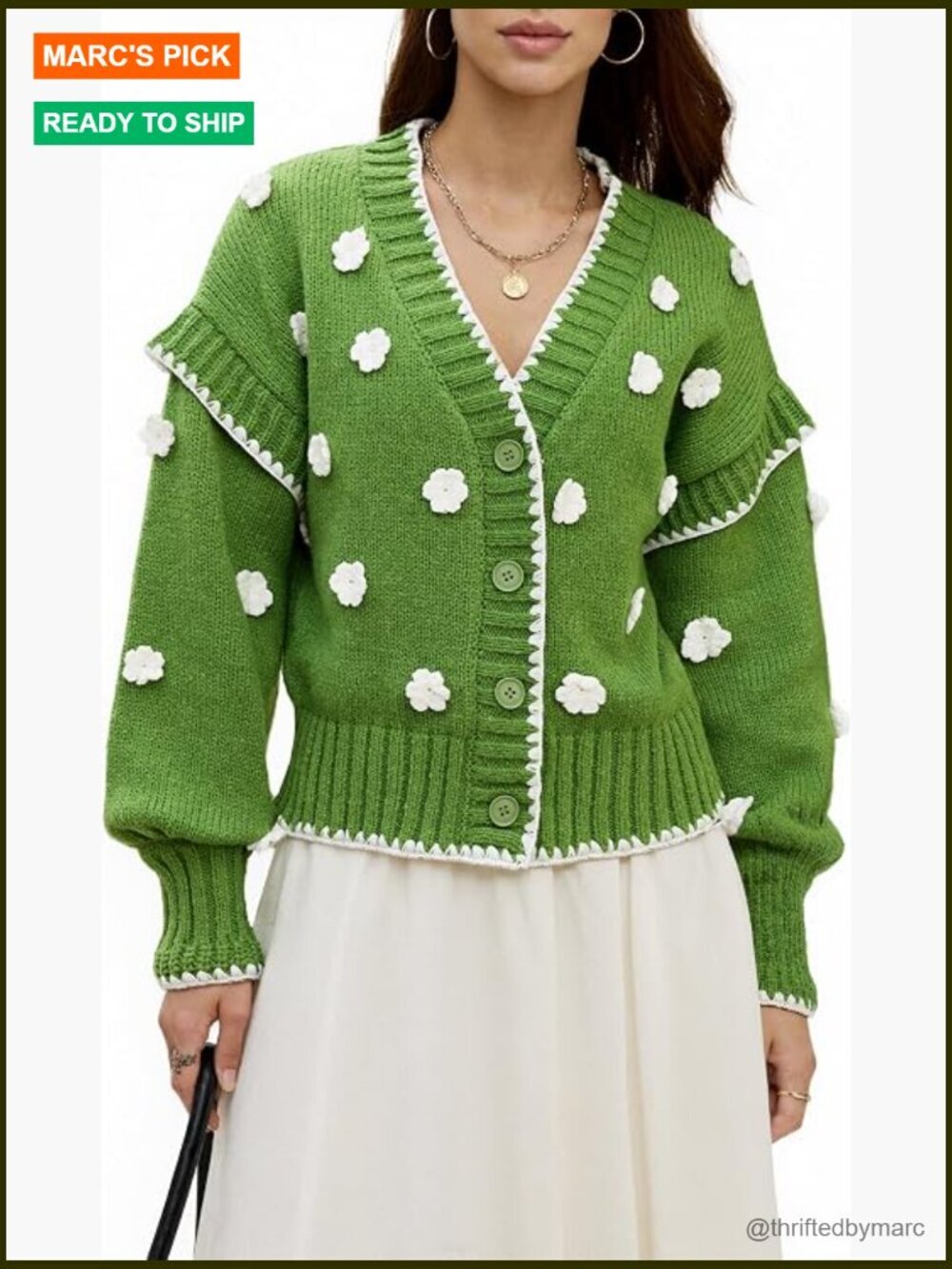 Chunky Knit Floral Cardigan Sweater, V-Neck Button Down Tops